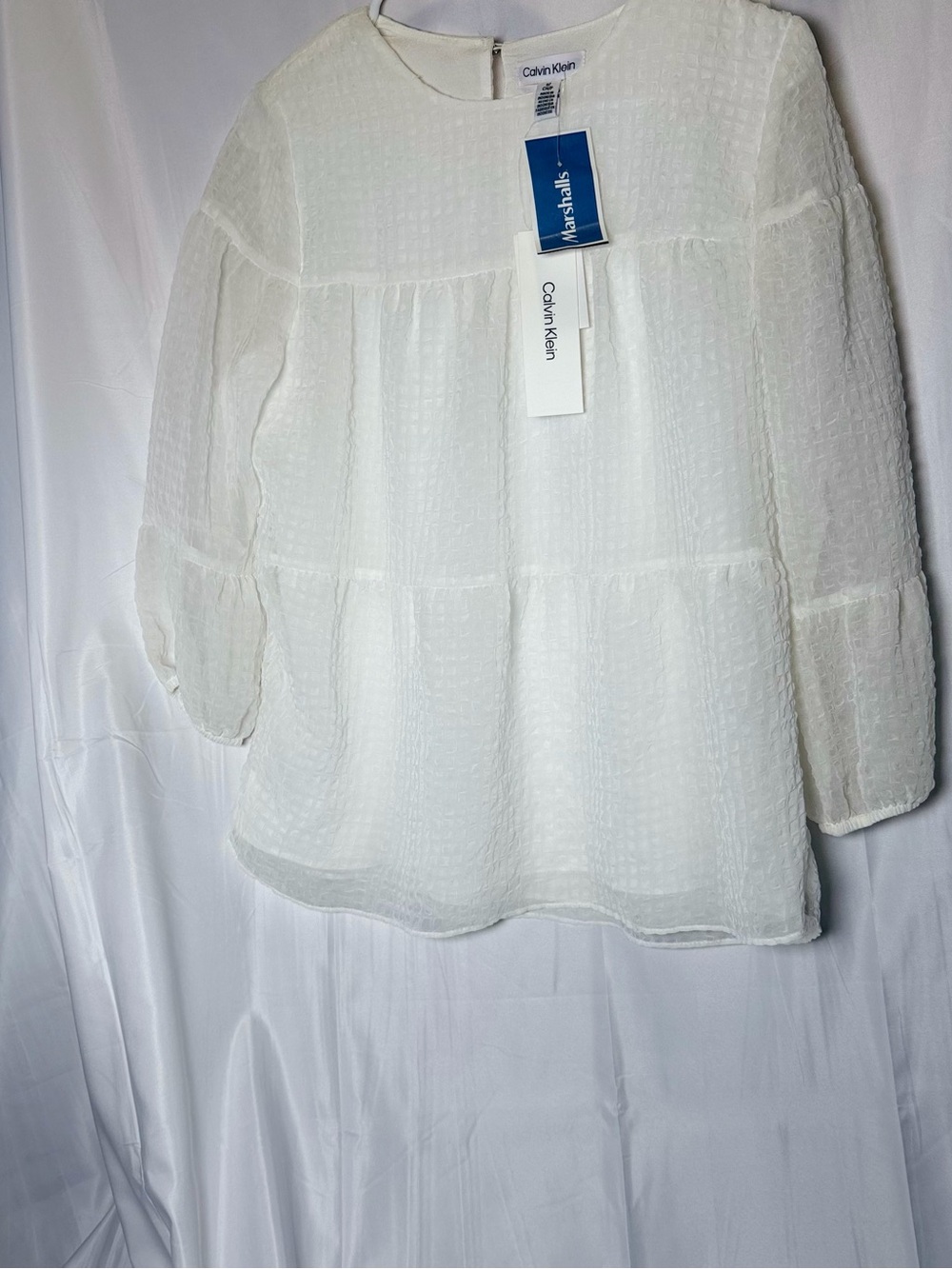 Calvin Klein White Textured Tiered Long-Sleeve Blouse